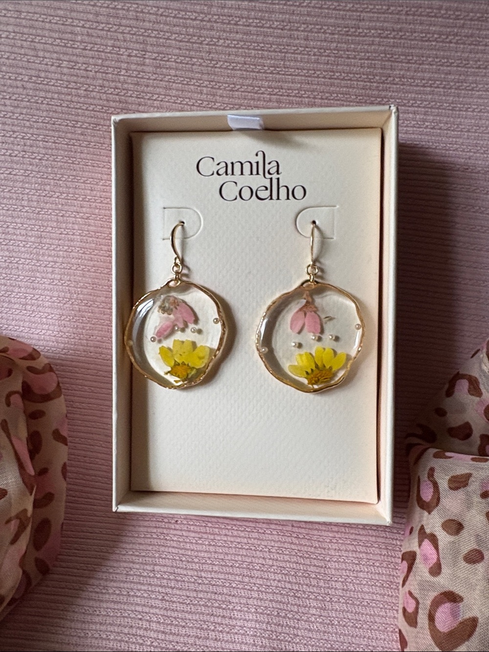Camila Coelho Pink and Yellow Floral Resin Drop Earrings with Gold Trim